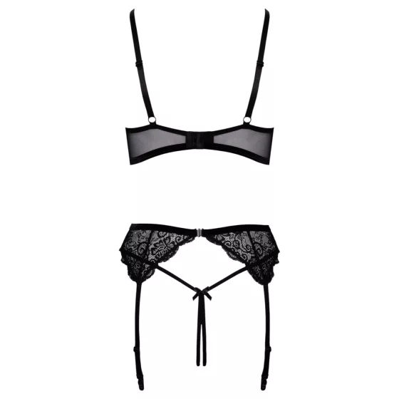 Cottelli - lace bra, suspender belt and open thong with chains (black) - 85B/L