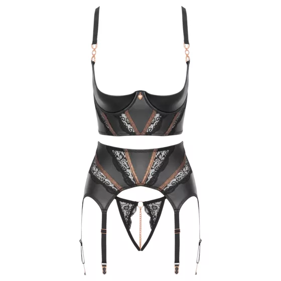 Abierta Fina - three‑piece lace suspender set (black) - 80B/M
