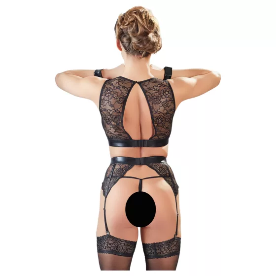 Cottelli Bondage - lace lingerie set + handcuffs (4‑piece) - XL