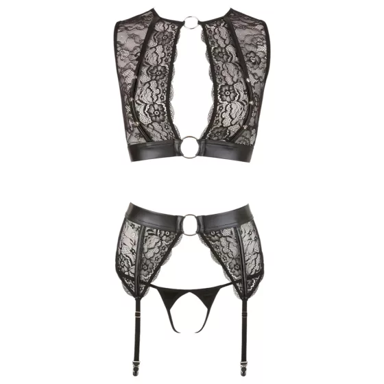 Cottelli Bondage - lace lingerie set + handcuffs (4‑piece) - XL
