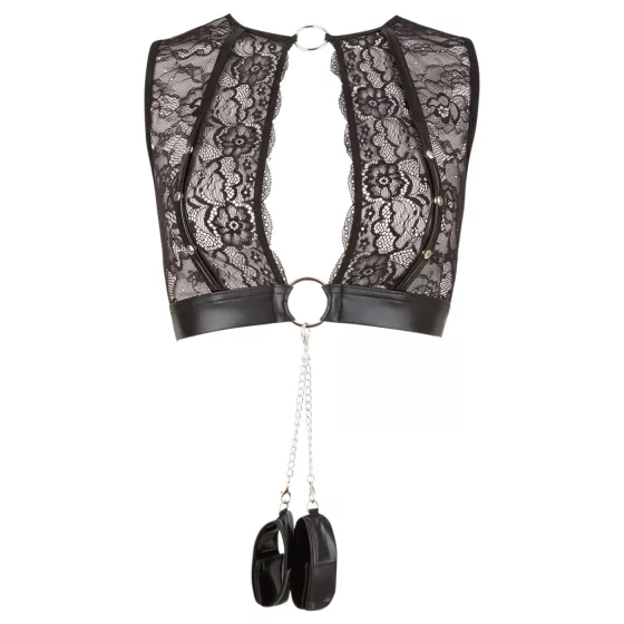 Cottelli Bondage - lace lingerie set + handcuffs (4‑piece) - XL