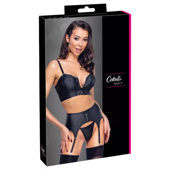 Cottelli - zip-up corset, suspender belt and thong set (black)