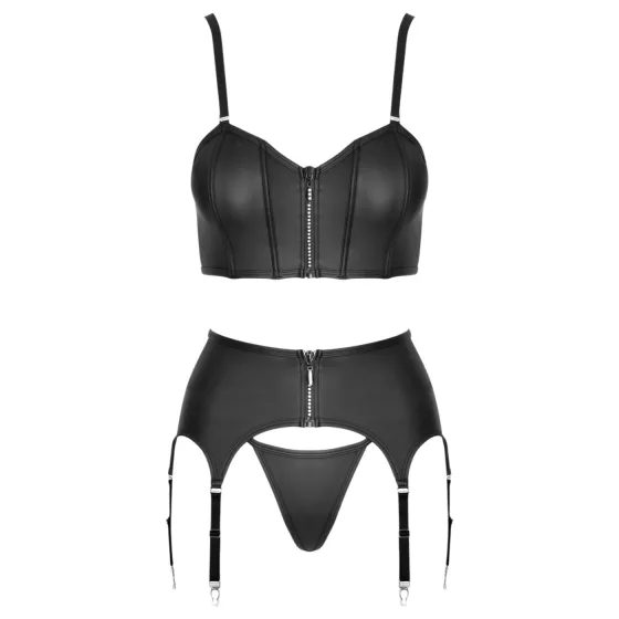 Cottelli - zip-up corset, suspender belt and thong set (black)