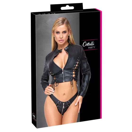 Cottelli - short faux leather jacket and thong set (black) - M