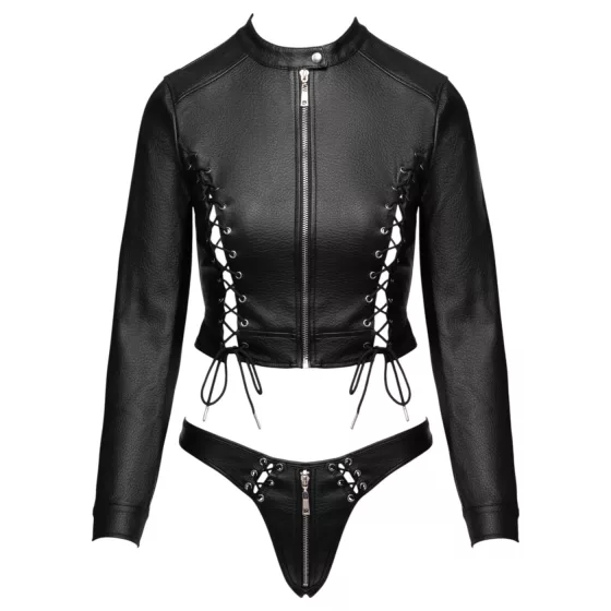 Cottelli - short faux leather jacket and thong set (black) - M
