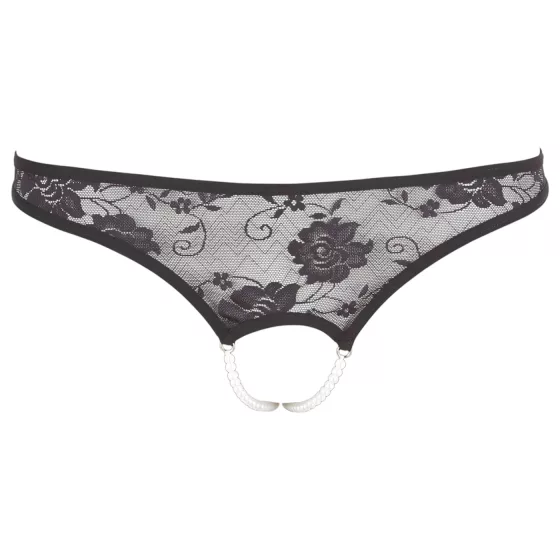 Cottelli - Black Lace Thong with Pearls and Open Design - M