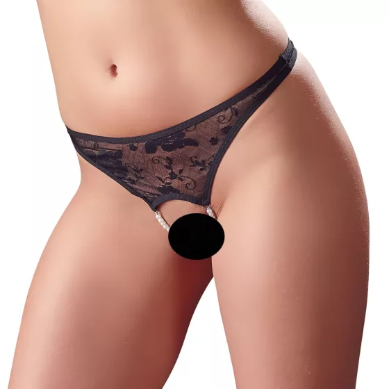 Cottelli - Black Lace Thong with Pearls and Open Design - XL