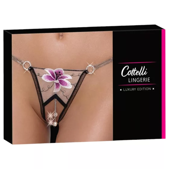 Cottelli - Luxury Embroidered Lily Thong (Black & White)