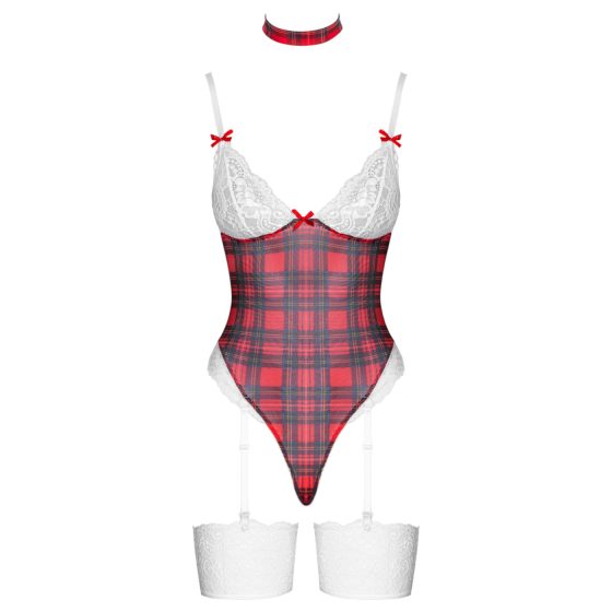 Cottelli - Red Plaid Bodysuit Set - M