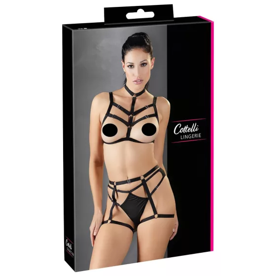 Cottelli - black decorative body harness lingerie trio (S-L)