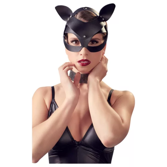 Bad Kitty - Faux Leather, Rhinestone Cat Mask - Black (S-L)