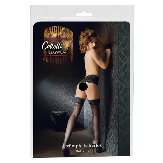 Cottelli - Black Thigh-Highs with Lily Pattern and Stripes