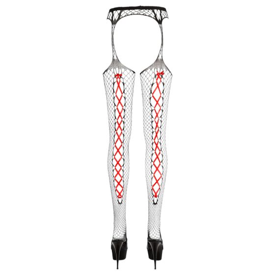 Cottelli - Black Fishnet Stockings with Red Lacing
