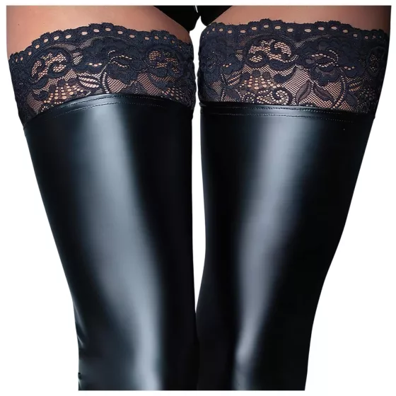 Noir - Lacy Shiny Thigh-High Stockings (Black) - XL
