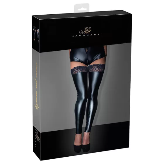 Noir - Lacy Shiny Thigh-High Stockings (Black) - XL