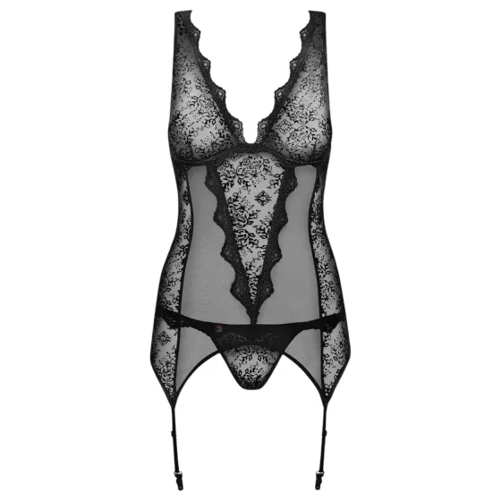 Obsessive Emperita - Delicate Embroidered Top & Thong Set (Black) - L/XL
