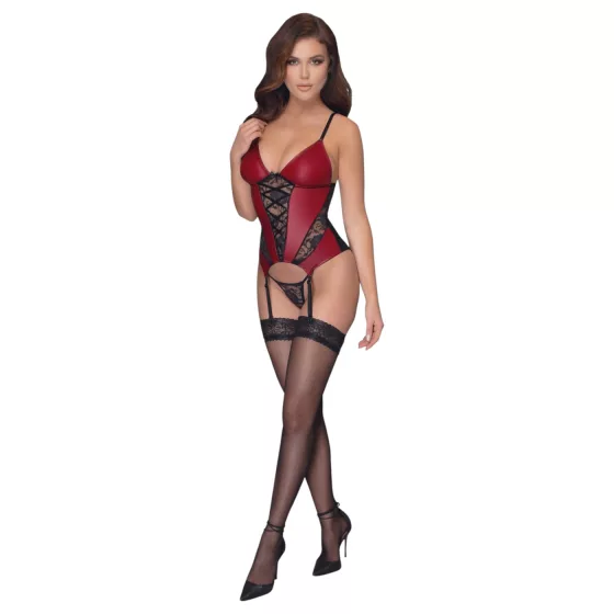 Cottelli - lace panel suspender corset with thong (red) - M