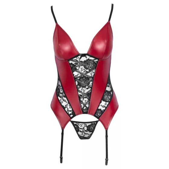 Cottelli - lace panel suspender corset with thong (red) - M
