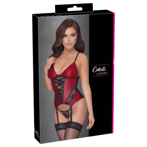 Cottelli - lace panel suspender corset with thong (red) - L