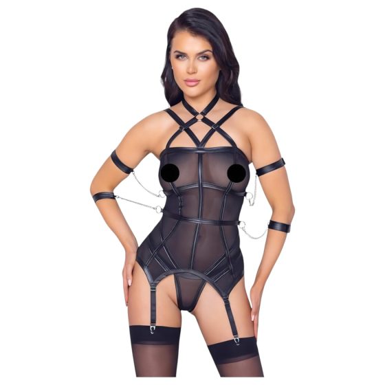 Cottelli Bondage - Strappy Top, Wrist Cuffs & Thong (Black) - M