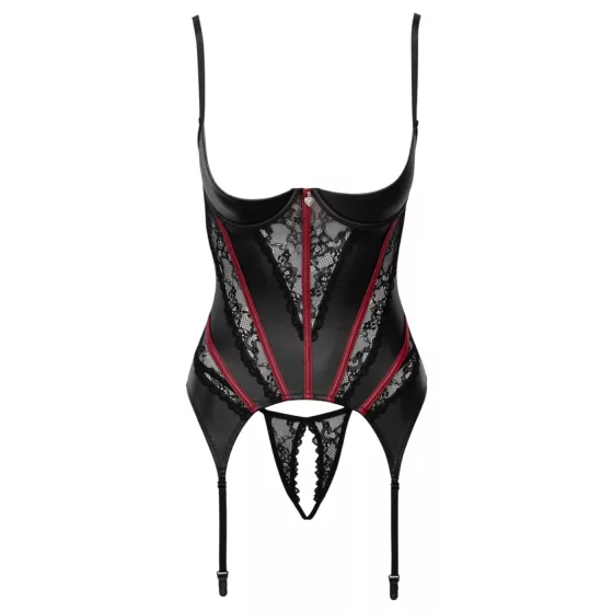 Cottelli - suspender corset and open thong set (black) - M