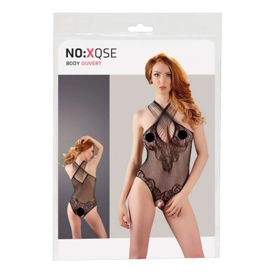 NO:XQSE - Floral Halter Neck Fishnet Bodysuit - Black (S-L)