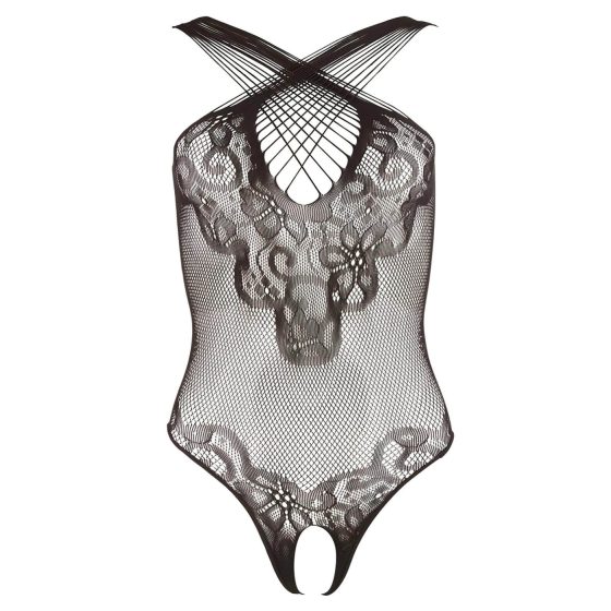 NO:XQSE - Floral Halter Neck Fishnet Bodysuit - Black (S-L)