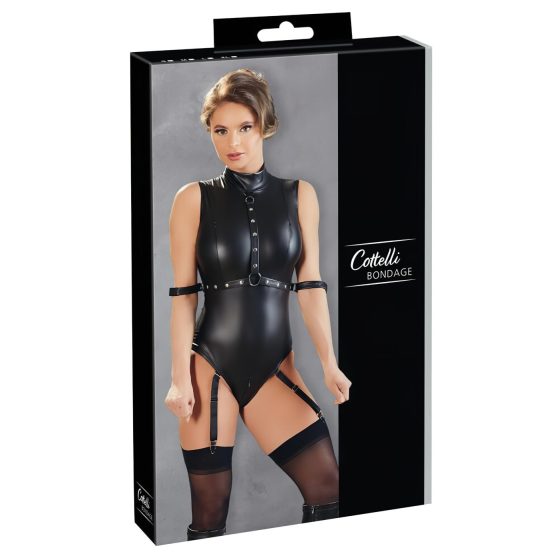 Cottelli Bondage - Shiny Sleeveless Bodysuit with Cuffs (Black)