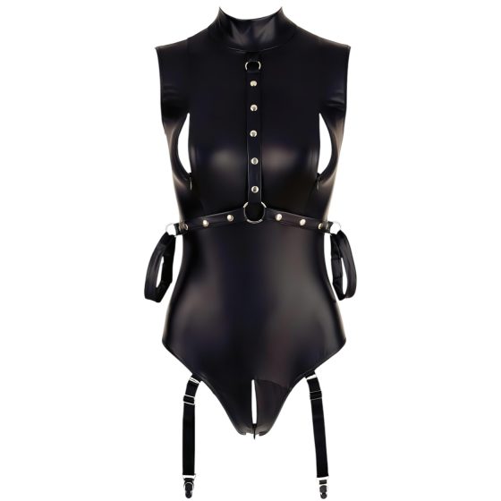 Cottelli Bondage - Shiny Sleeveless Bodysuit with Cuffs (Black)