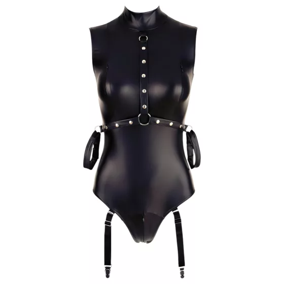 Cottelli Bondage - Shiny Sleeveless Bodysuit with Cuffs (Black) - L