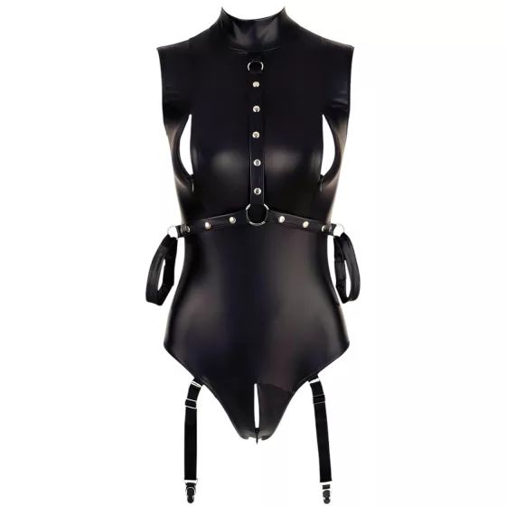 Cottelli Bondage - Shiny Sleeveless Bodysuit with Cuffs (Black) - L