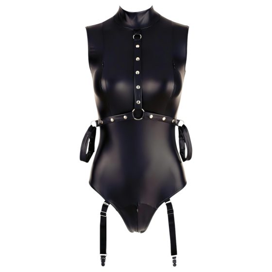 Cottelli Bondage - Shiny Sleeveless Bodysuit with Cuffs (Black) - XL