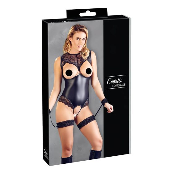 Cottelli Bondage - Shiny Open-Front Bodysuit & Cuffs (Black)