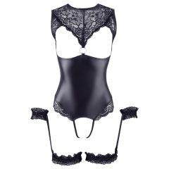 Cottelli Bondage - Shiny Open-Front Bodysuit & Cuffs (Black)