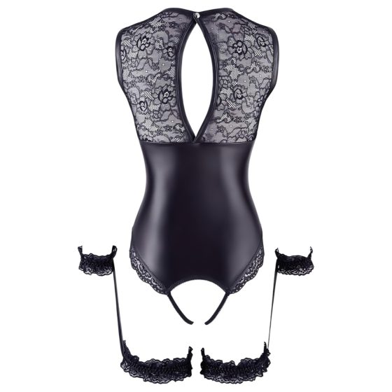 Cottelli Bondage - Shiny Open-Front Bodysuit & Cuffs (Black)