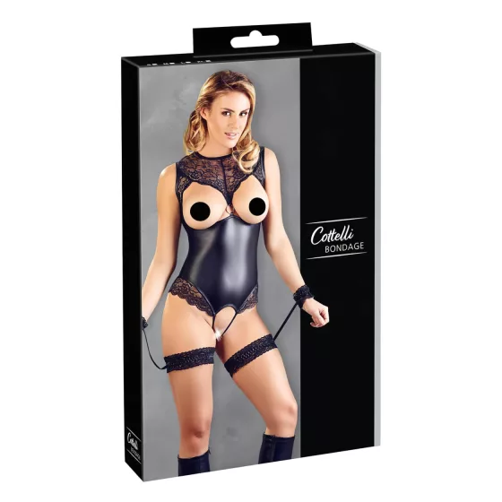 Cottelli Bondage - Shiny Open-Front Bodysuit & Cuffs (Black) - L