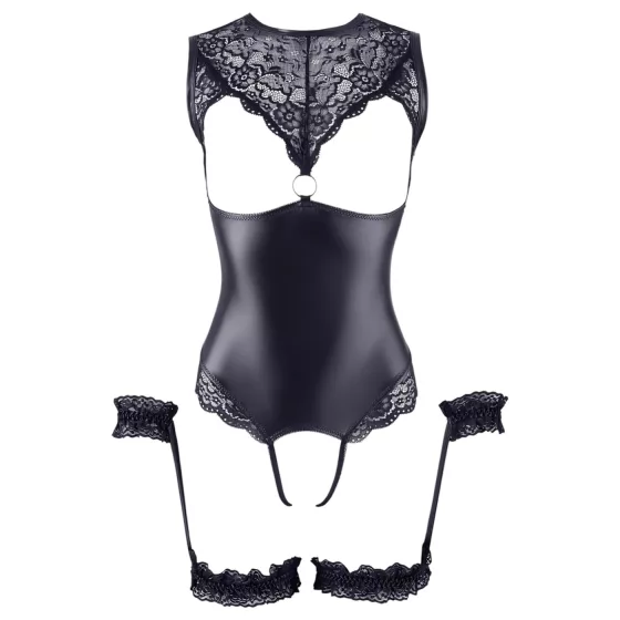 Cottelli Bondage - Shiny Open-Front Bodysuit & Cuffs (Black) - L
