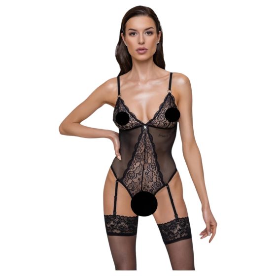 Cottelli - Lace Open-Back Black Bodysuit with Garter - M