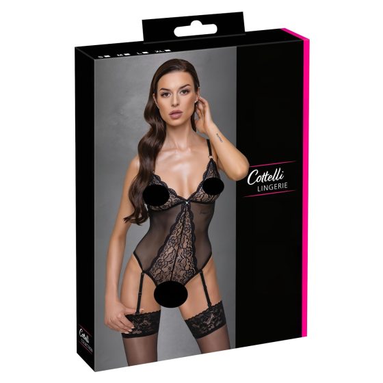 Cottelli - Lace Open-Back Black Bodysuit with Garter - M