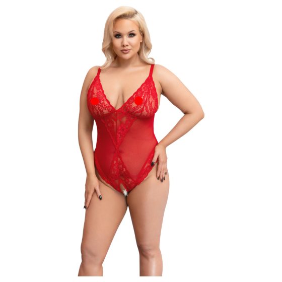 Cottelli Curves - Sheer Lace Bodysuit (Red)