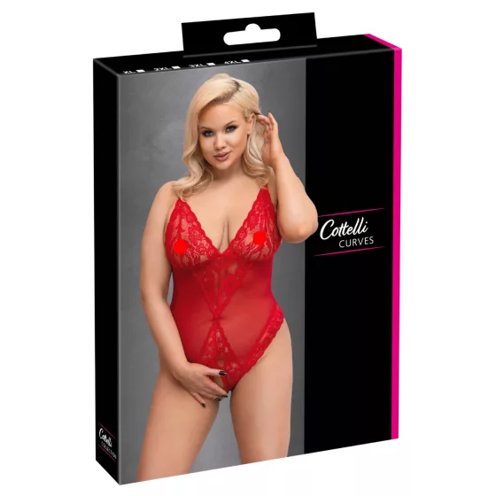 Cottelli Curves - Sheer Lace Bodysuit (Red) - 3XL