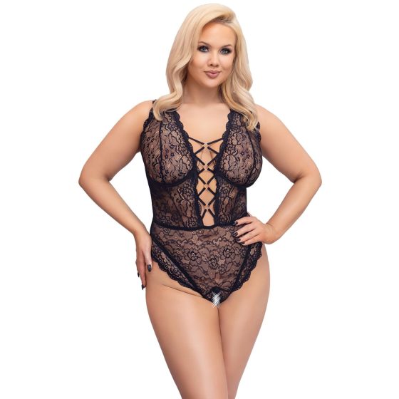 Cottelli Curves Plus Size - Sheer Patterned Bodysuit (Black) - 90D/XL