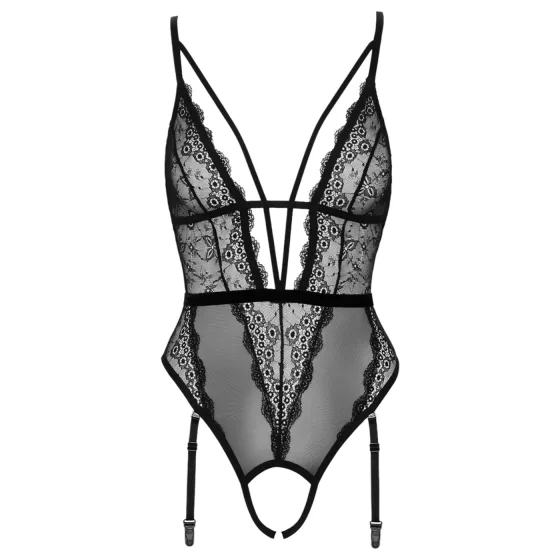 Cottelli - Open Strappy Bodysuit with Garter (Black) - M