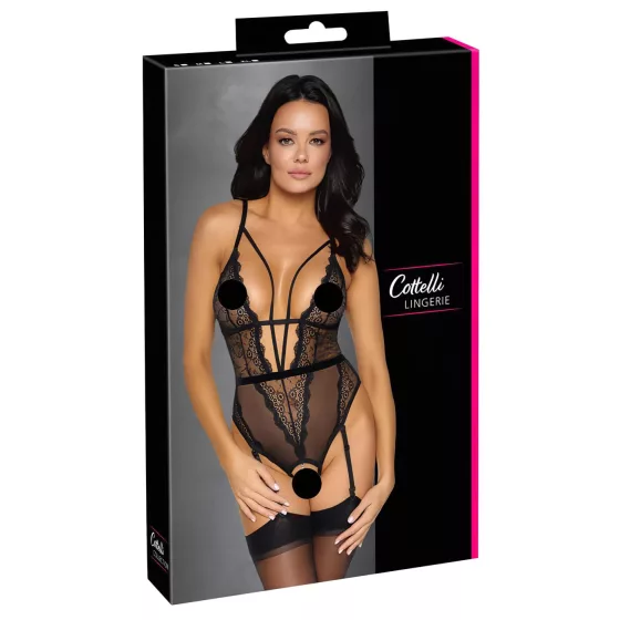 Cottelli - Open Strappy Bodysuit with Garter (Black) - L