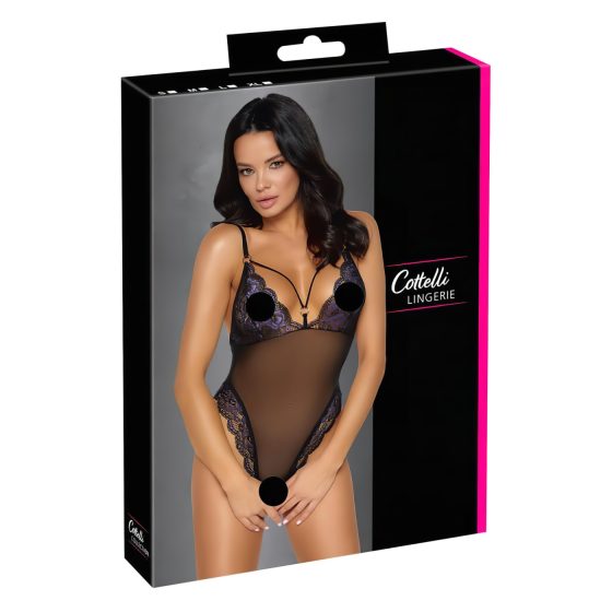 Cottelli - Embroidered Lace Bodysuit, Black & Purple (Open Design)