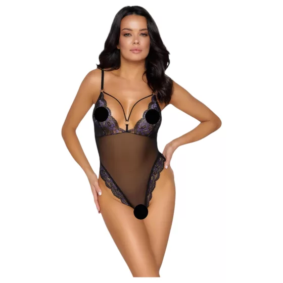 Cottelli - Embroidered Lace Bodysuit, Black & Purple (Open Design) - L
