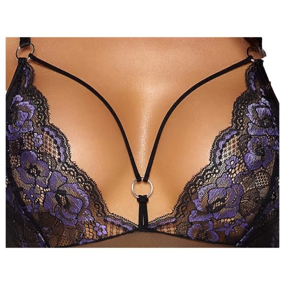 Cottelli - Embroidered Lace Bodysuit, Black & Purple (Open Design)