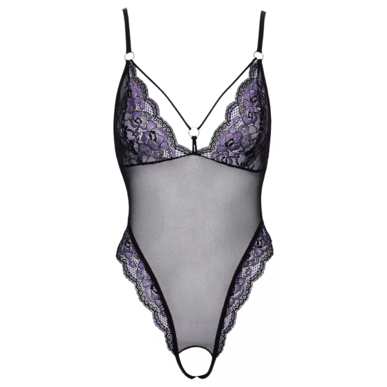 Cottelli - Embroidered Lace Bodysuit, Black & Purple (Open Design) - L