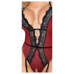 Abierta Fina - Open Bodysuit with Garter (Black-Red)