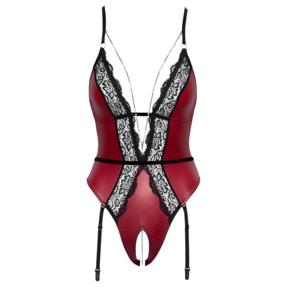 Abierta Fina - Open Bodysuit with Garter (Black-Red) - M